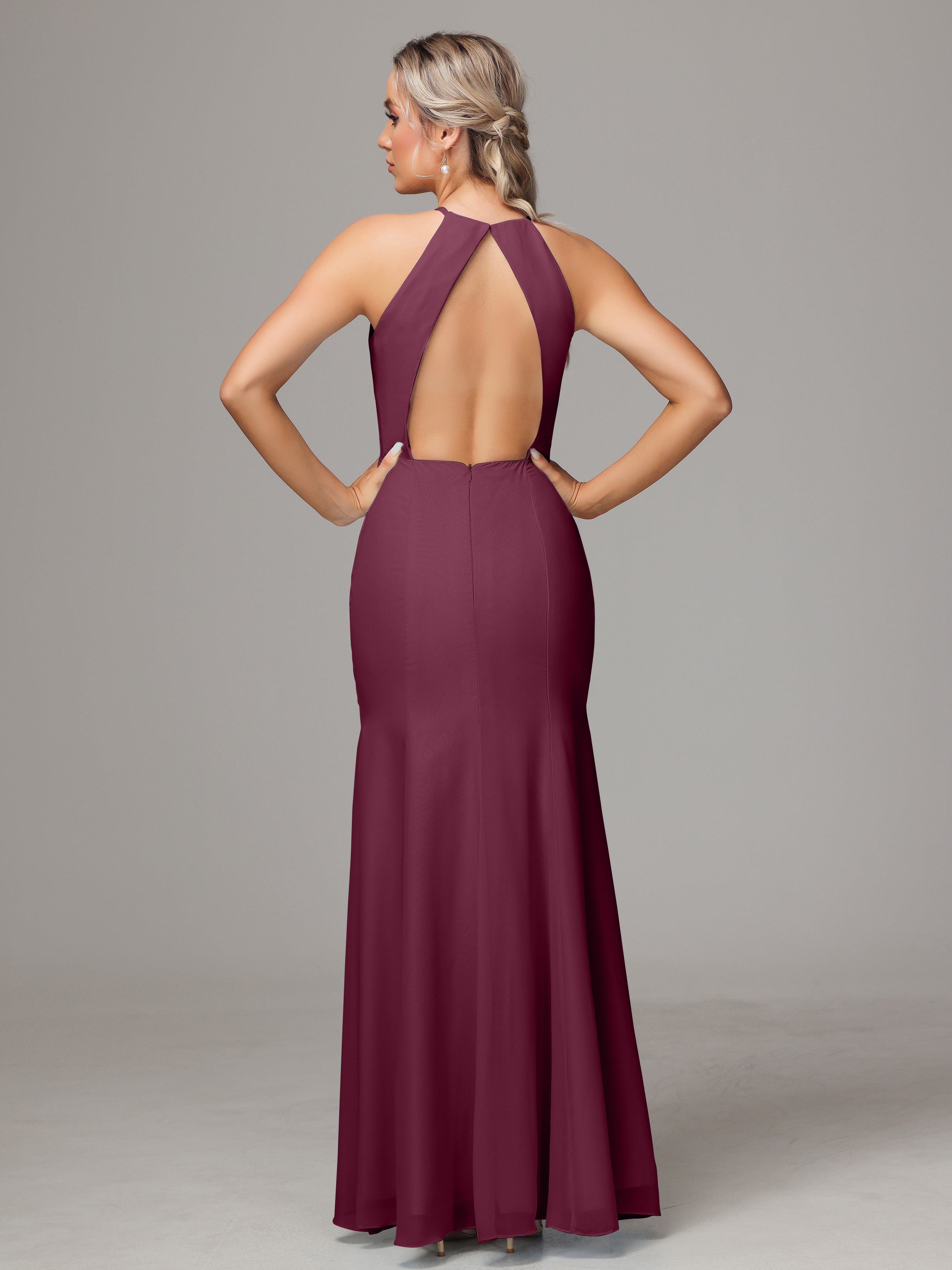 Halter Open Back Chiffon Wedding Guest Dress With Slit
