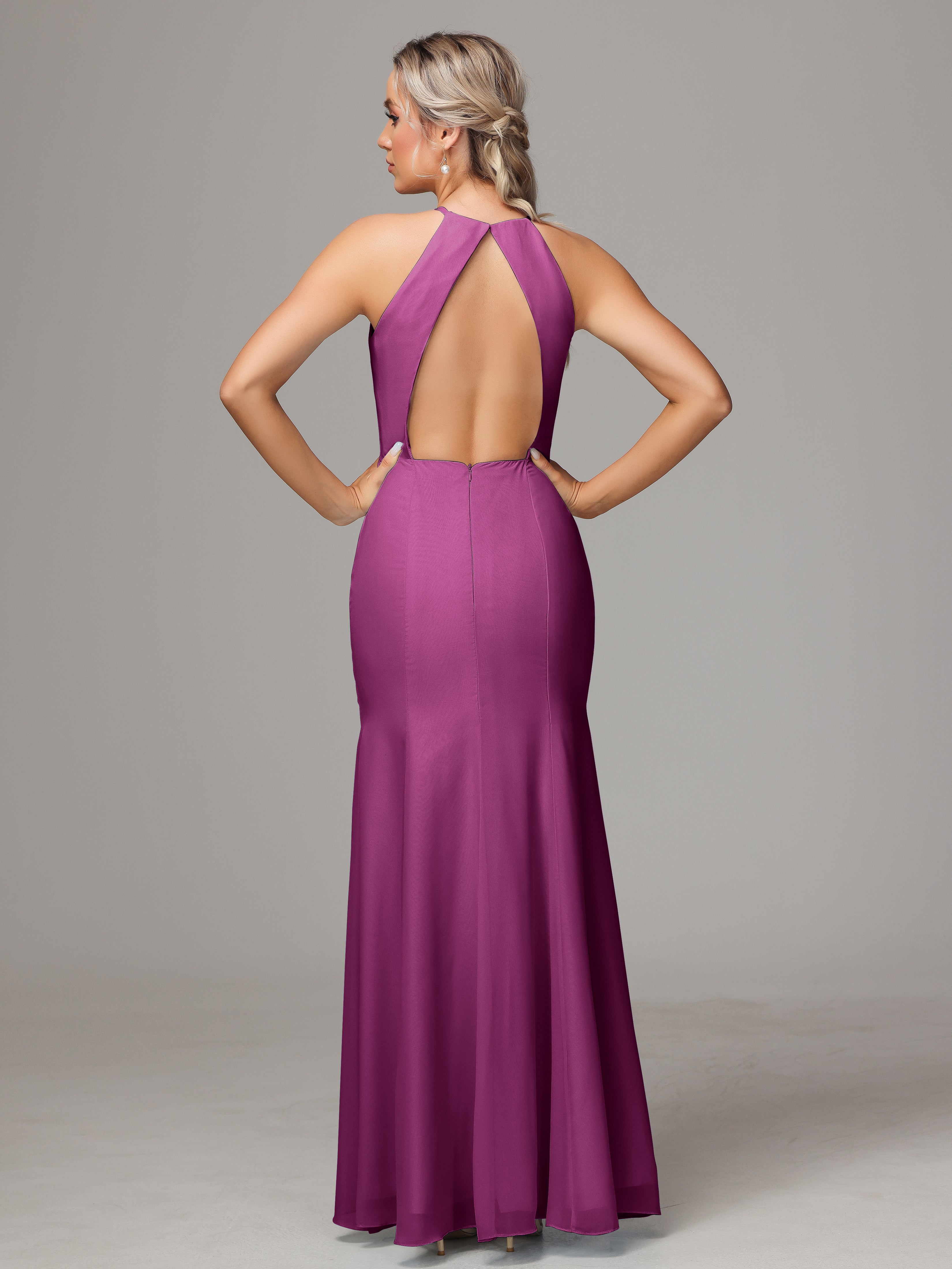 Halter Open Back Chiffon Wedding Guest Dress With Slit