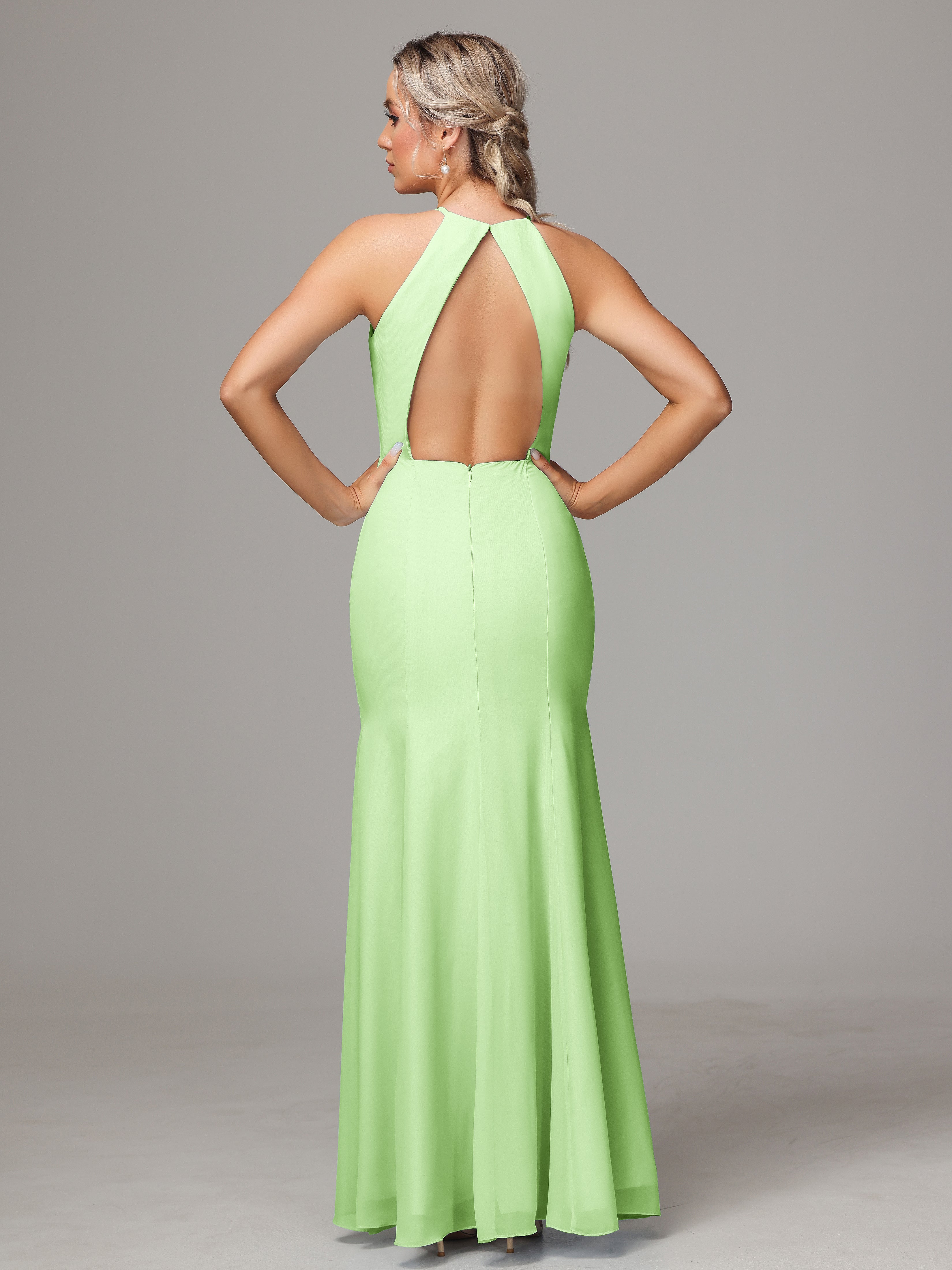 Halter Open Back Chiffon Wedding Guest Dress With Slit