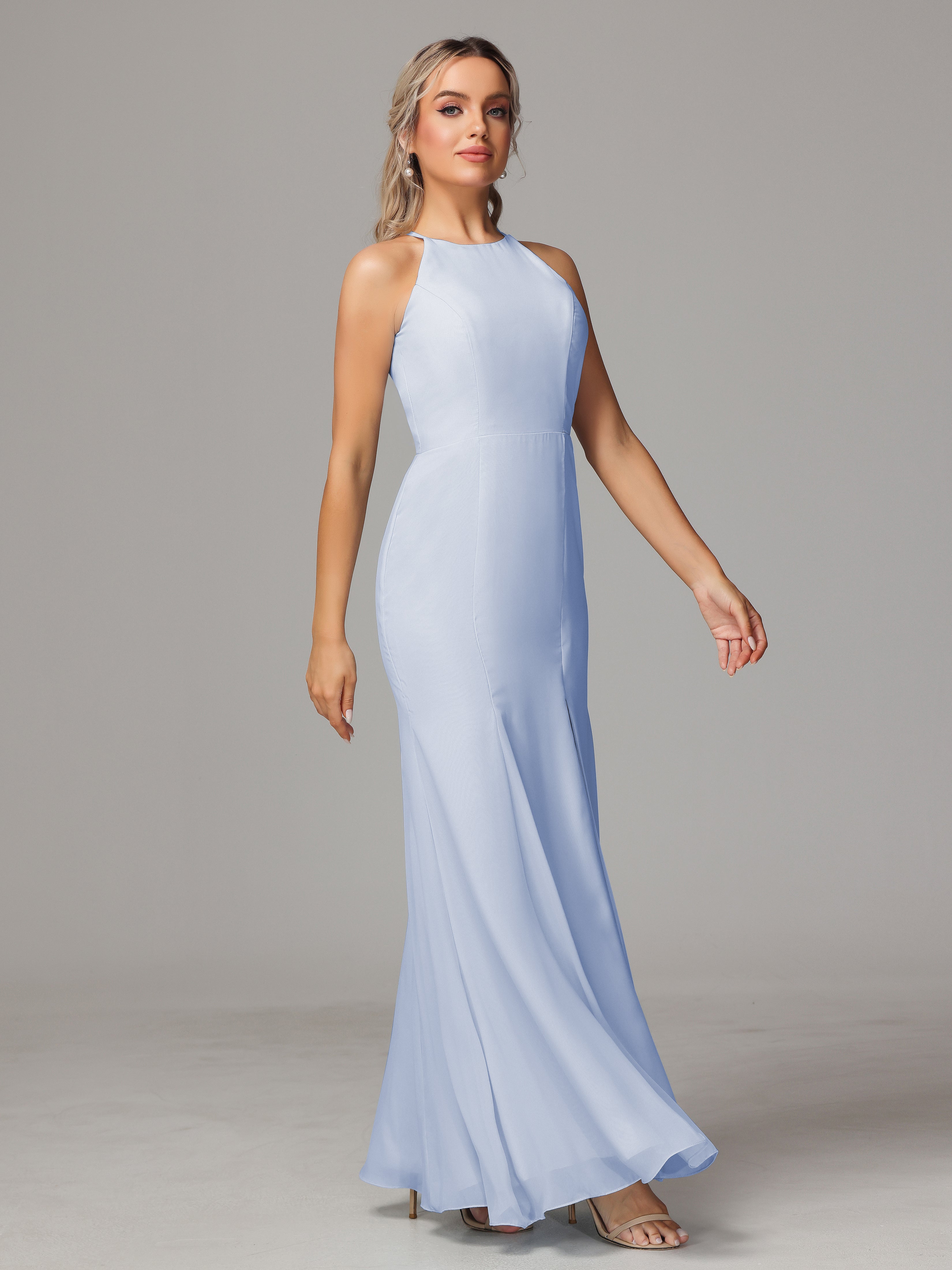 Halter Open Back Chiffon Wedding Guest Dress With Slit