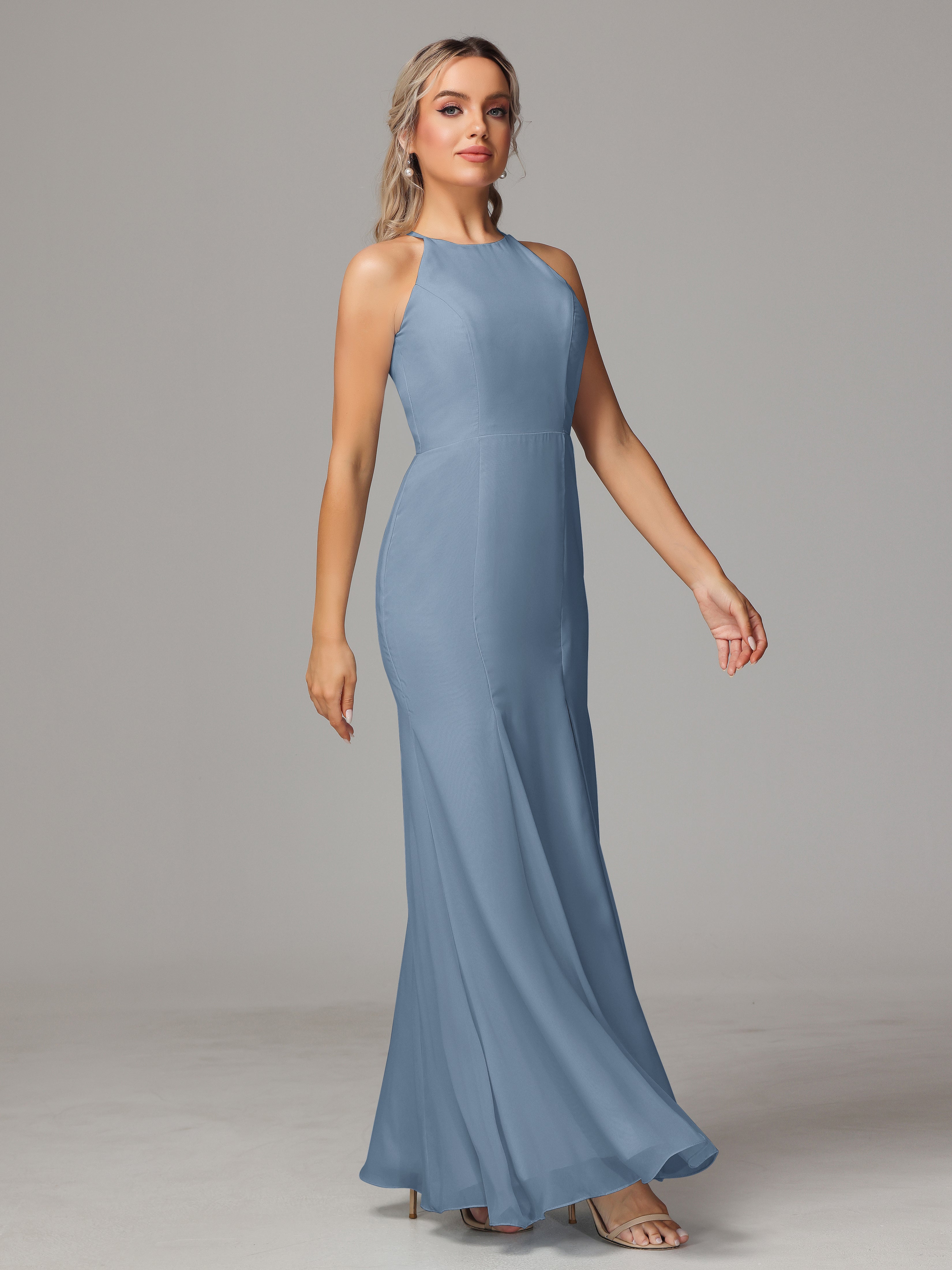 Halter Open Back Chiffon Wedding Guest Dress With Slit