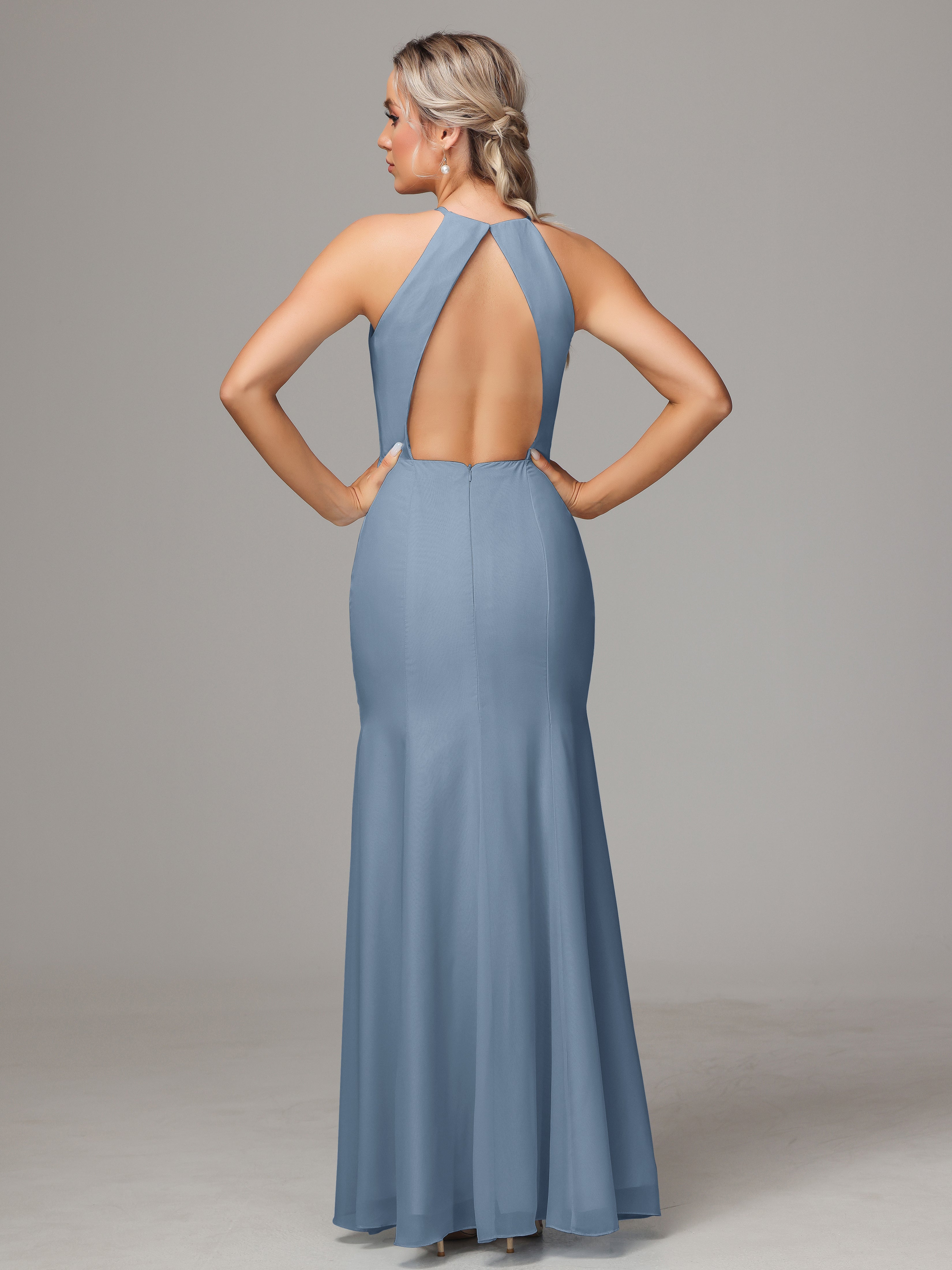 Halter Open Back Chiffon Wedding Guest Dress With Slit