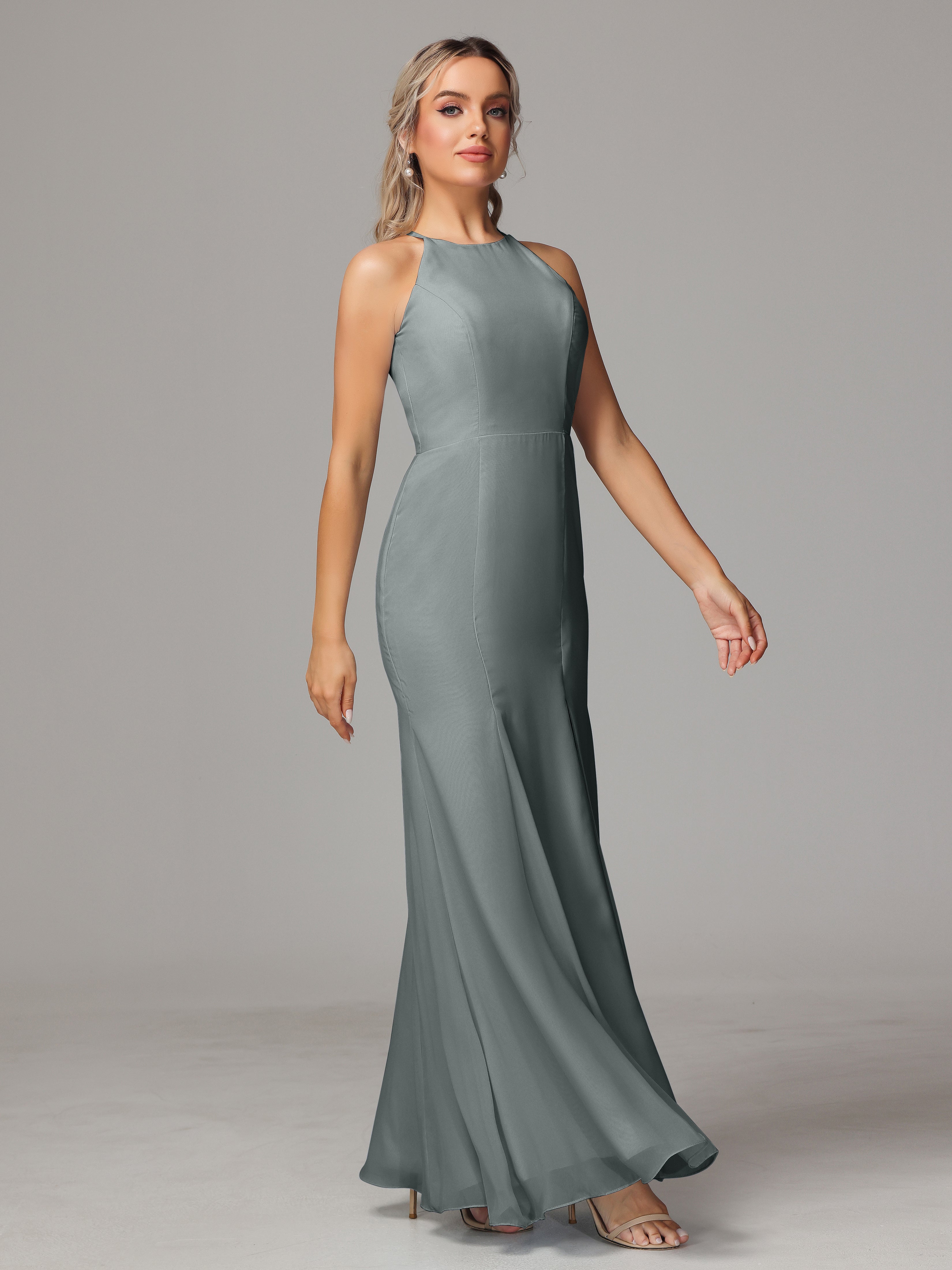 Halter Open Back Chiffon Wedding Guest Dress With Slit