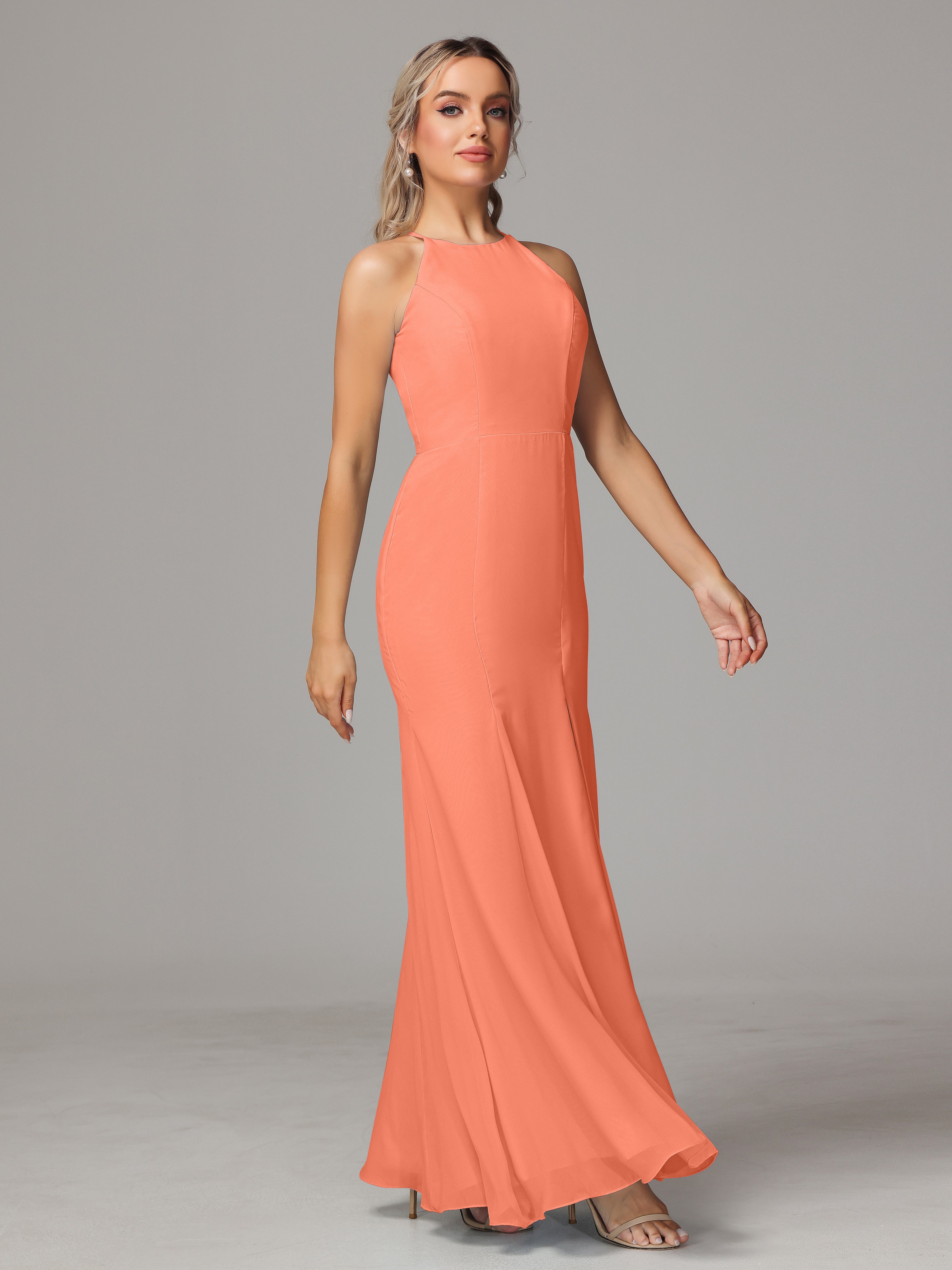 Halter Open Back Chiffon Wedding Guest Dress With Slit