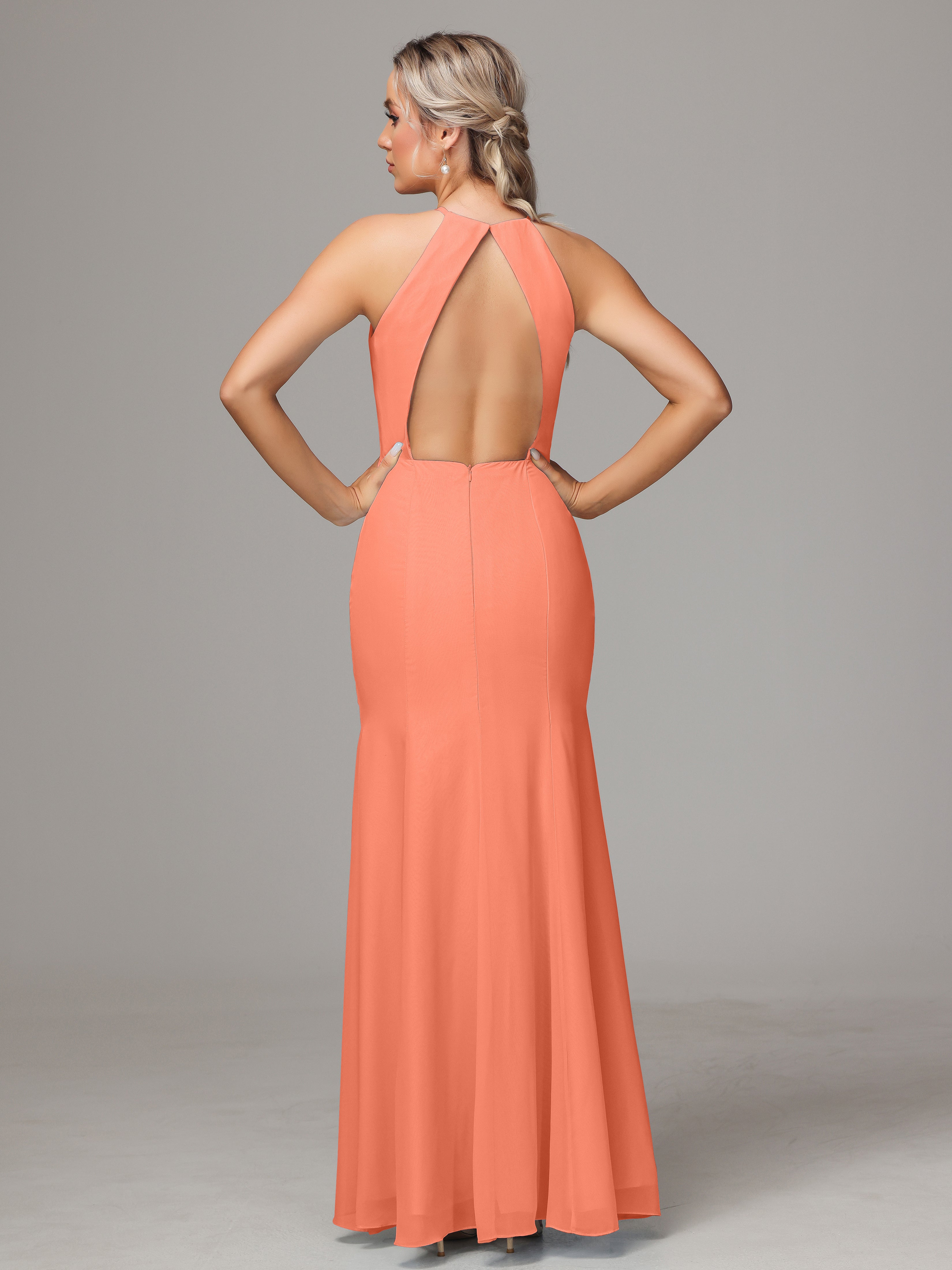 Halter Open Back Chiffon Wedding Guest Dress With Slit