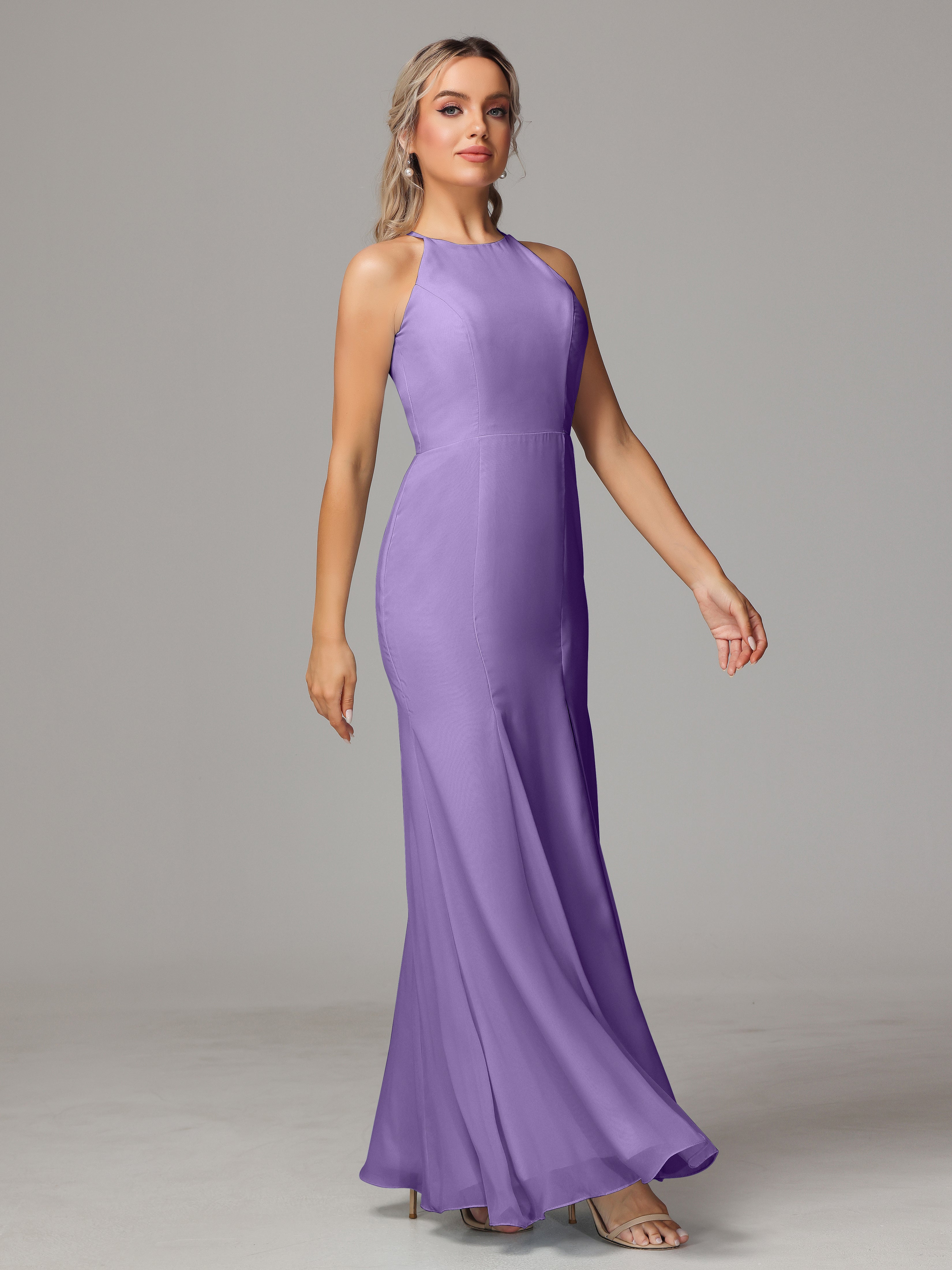 Halter Open Back Chiffon Wedding Guest Dress With Slit