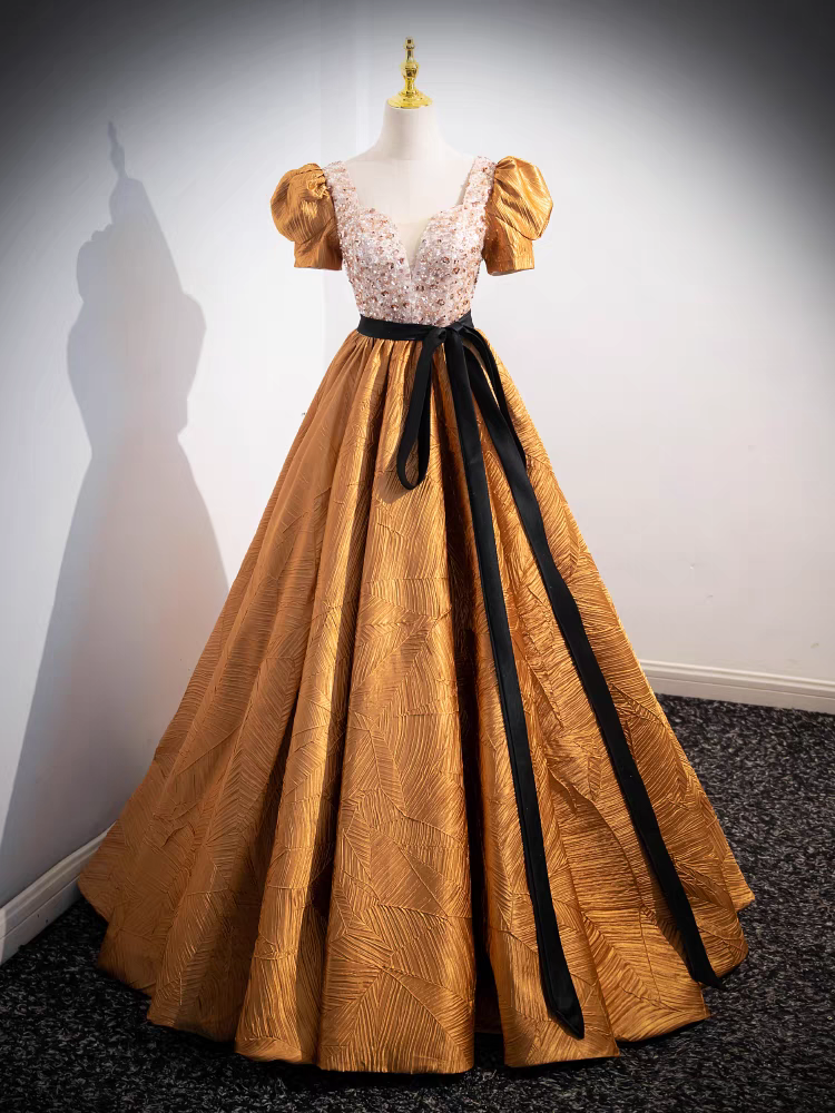 Gold Puffy Sleeves V-Neck Sequins Bodice Ball Gown Prom Dress Gold Puffy Sleeves V-Neck Sequins Bodice Ball Gown Prom Dress