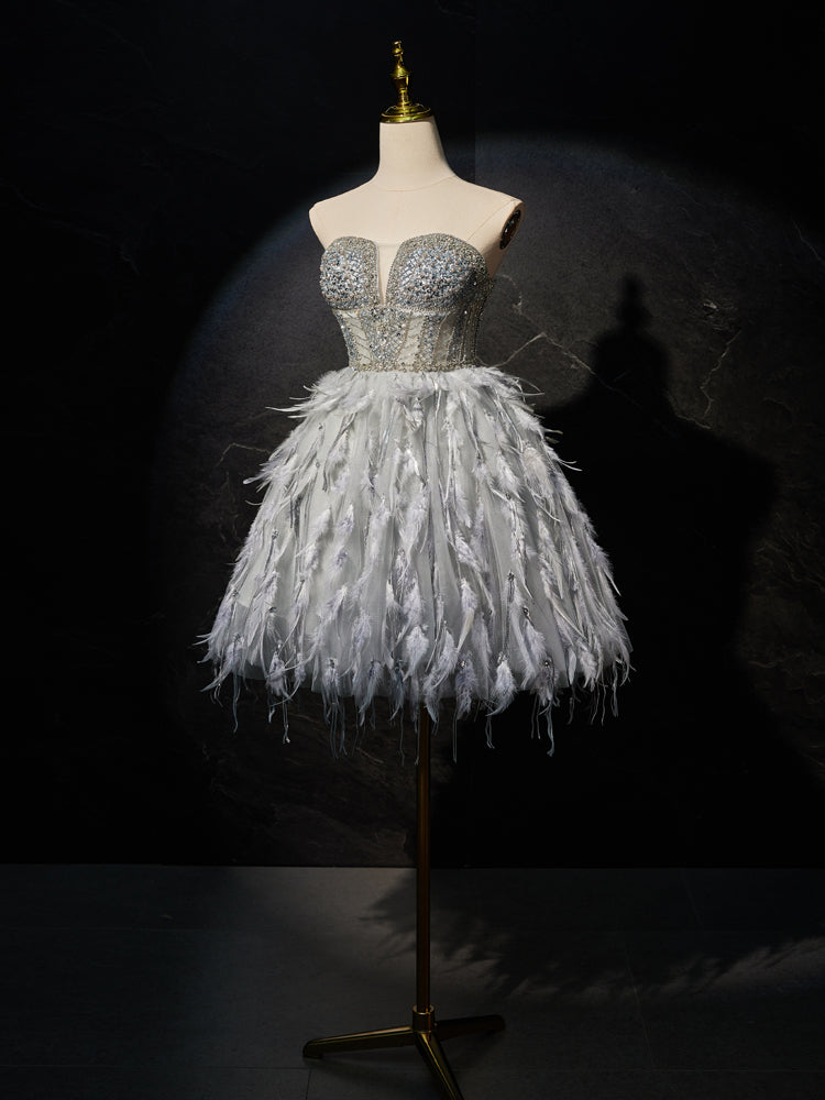 Gorgeous Grey Strapless Beading Homecoming Dresses with Feathers Gorgeous Grey Strapless Beading Homecoming Dresses with Feathers