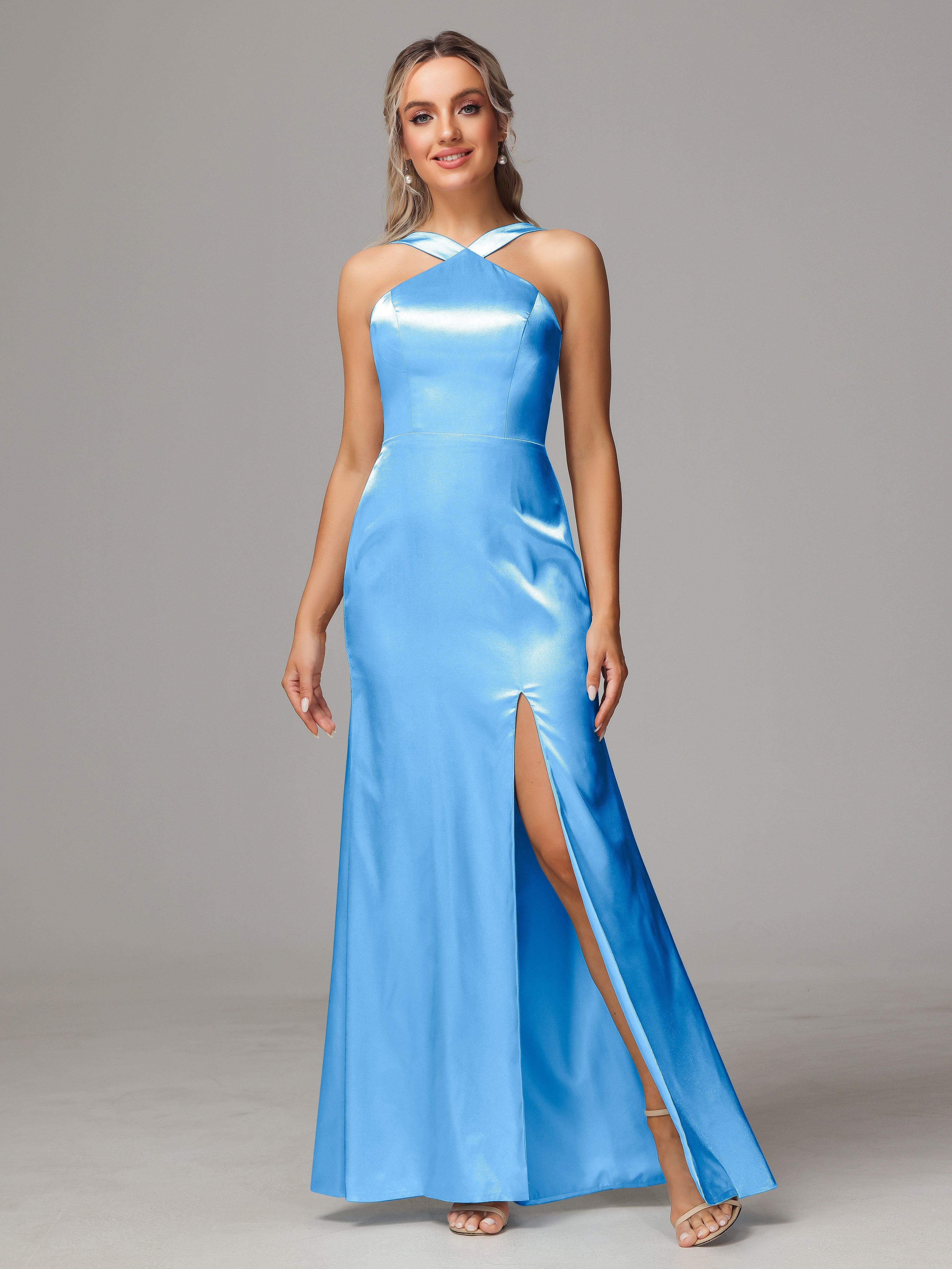 Halter Sleeveless Soft Satin Wedding Guest Dress
