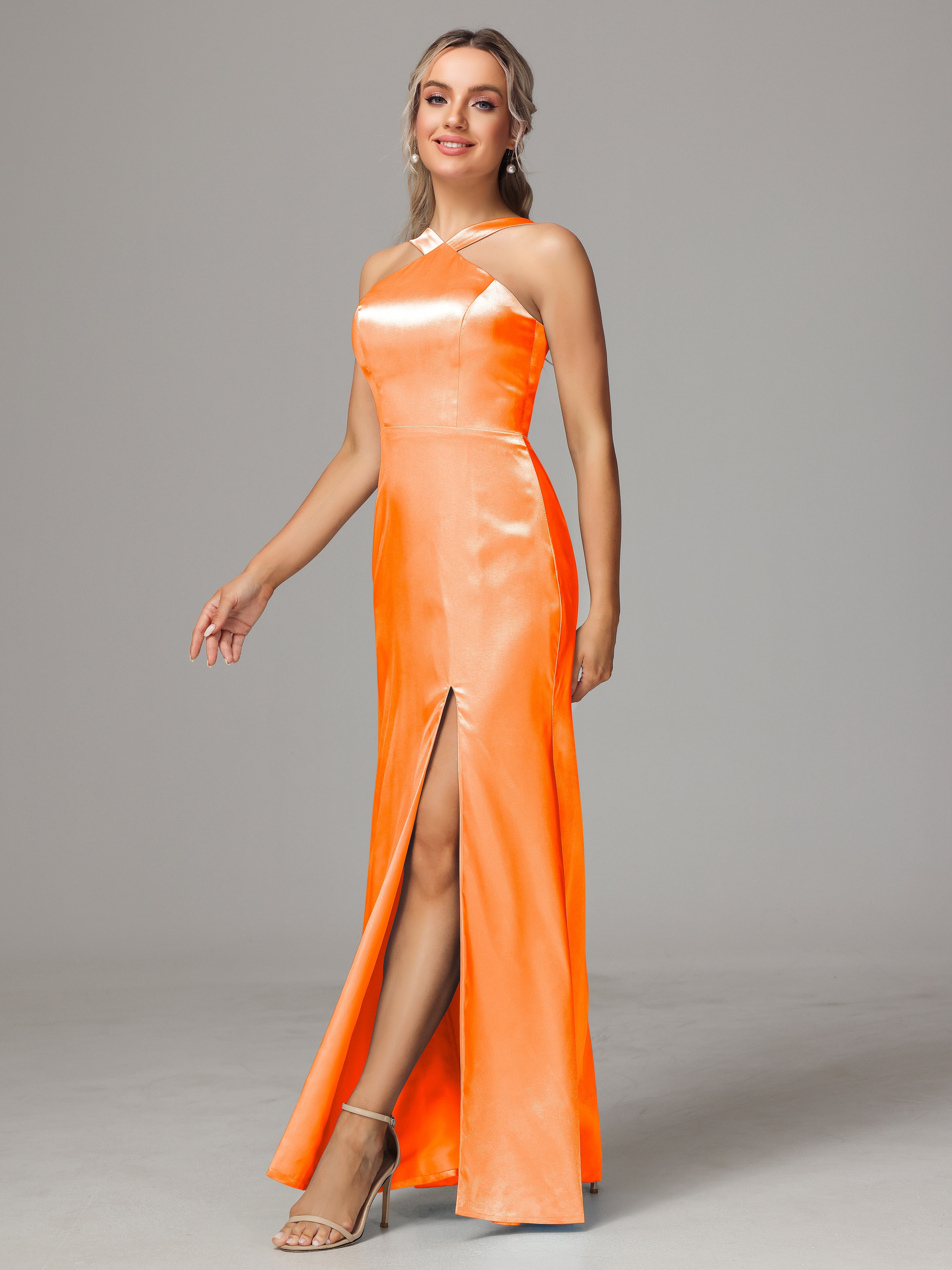 Halter Sleeveless Soft Satin Wedding Guest Dress