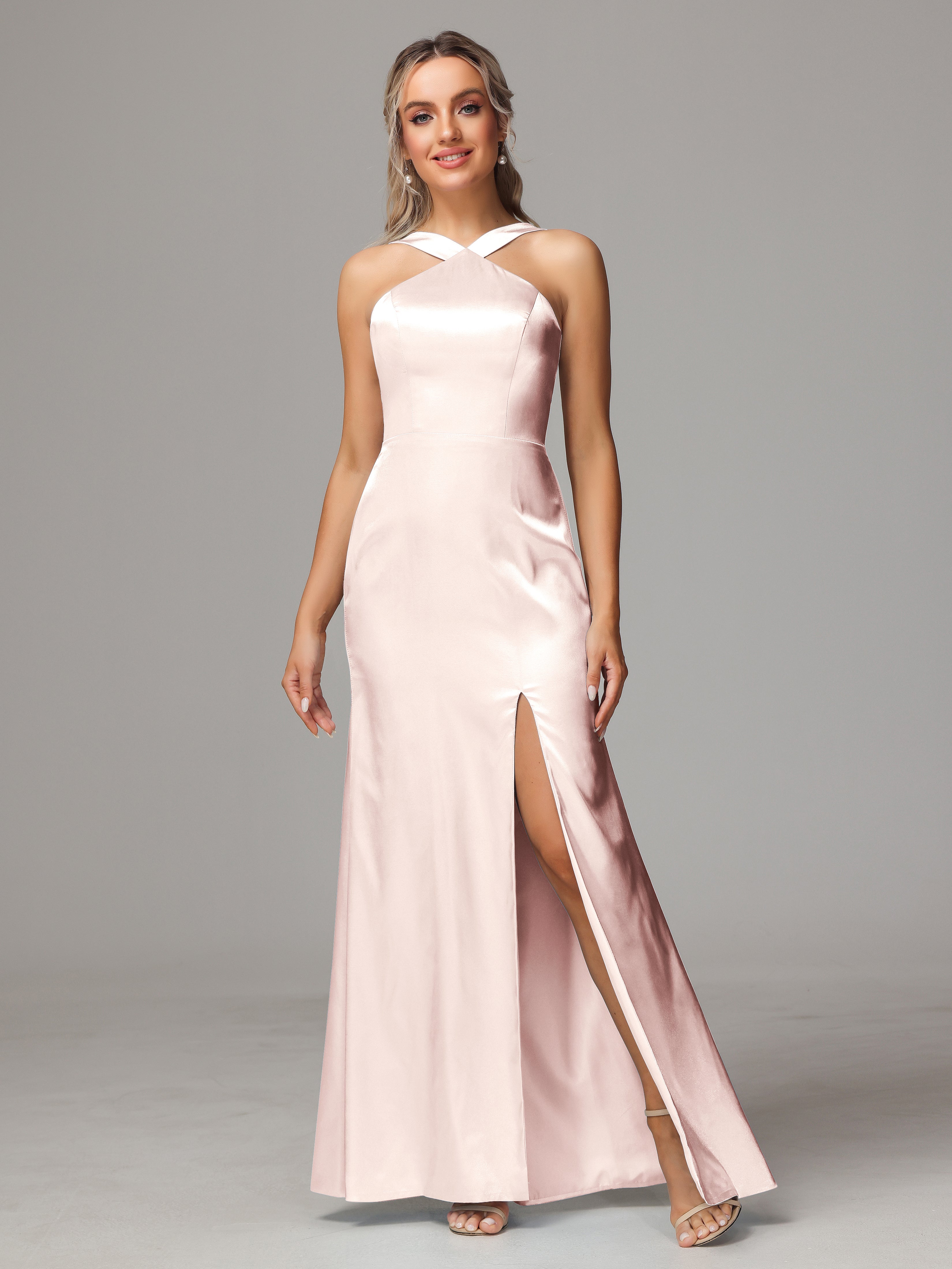 Halter Sleeveless Soft Satin Wedding Guest Dress