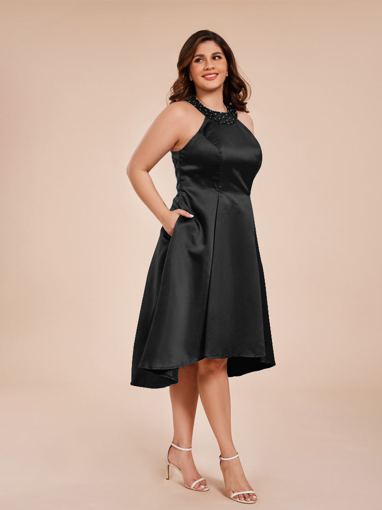 Halter Beaded Neck A Line High Low Satin Mother of the Groom Dress
