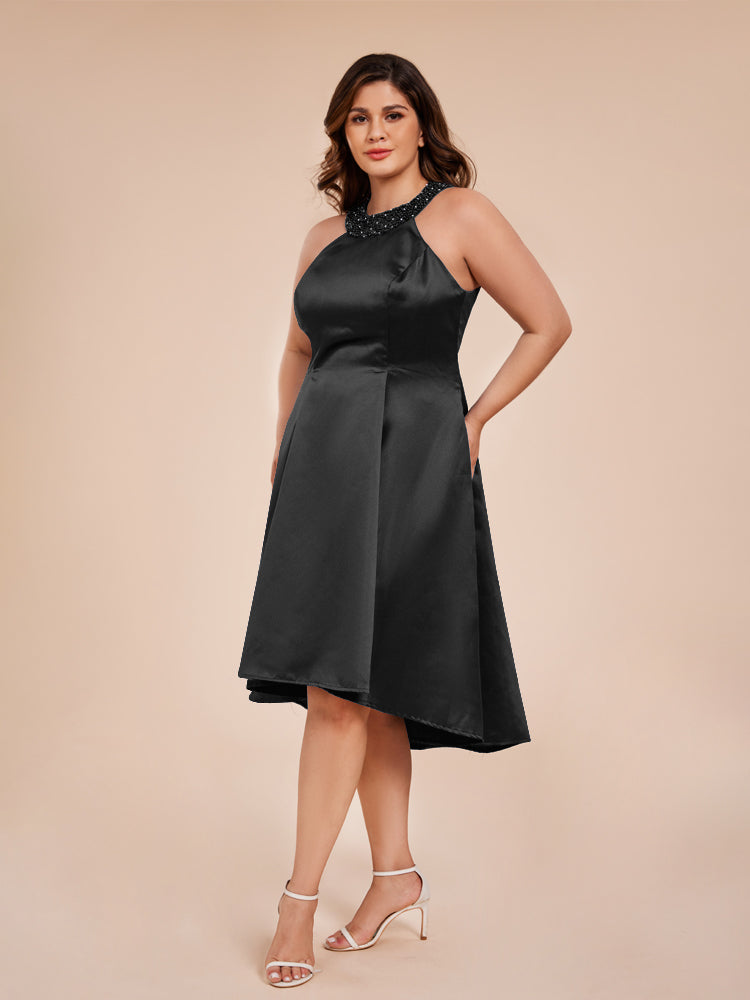 Halter Beaded Neck A Line High Low Satin Mother of the Groom Dress