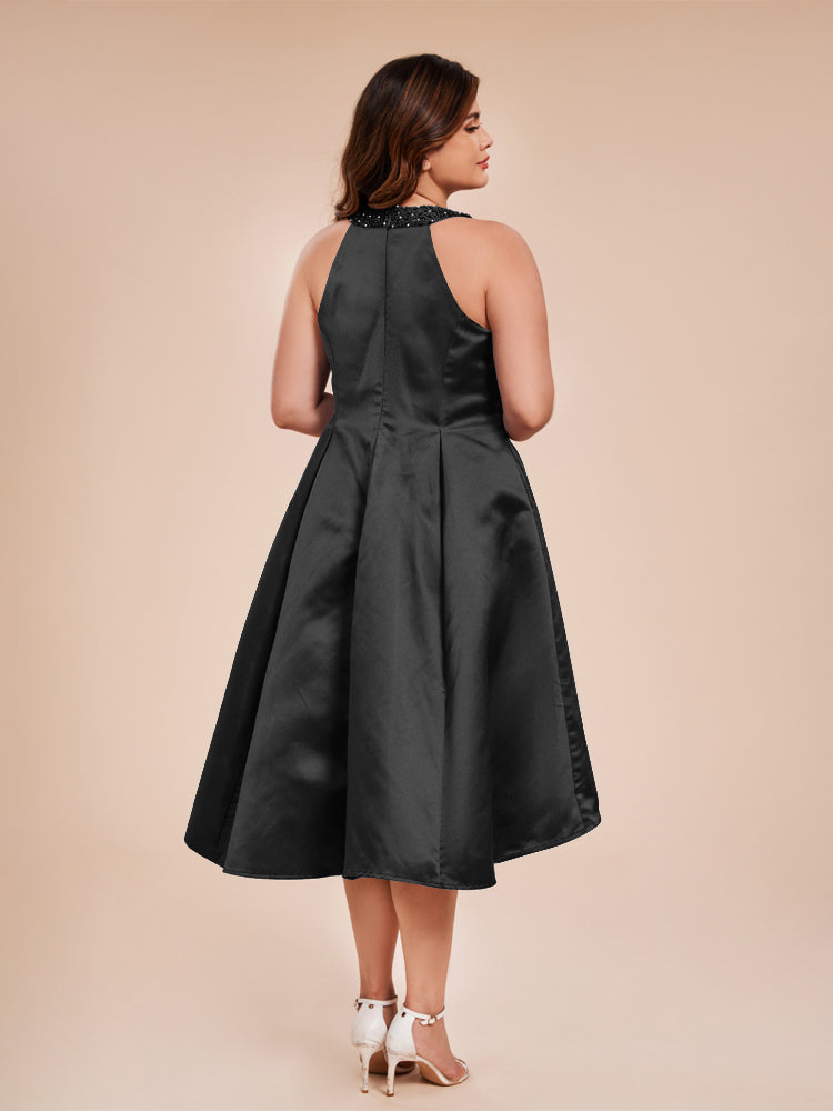 Halter Beaded Neck A Line High Low Satin Mother of the Groom Dress