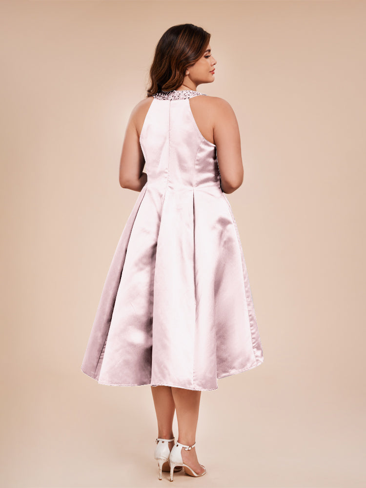 Halter Beaded Neck A Line High Low Satin Mother of the Groom Dress