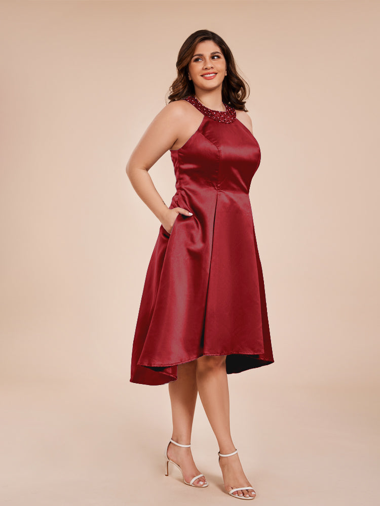 Halter Beaded Neck A Line High Low Satin Mother of the Groom Dress