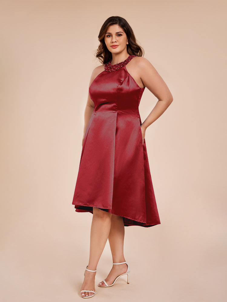 Halter Beaded Neck A Line High Low Satin Mother of the Groom Dress