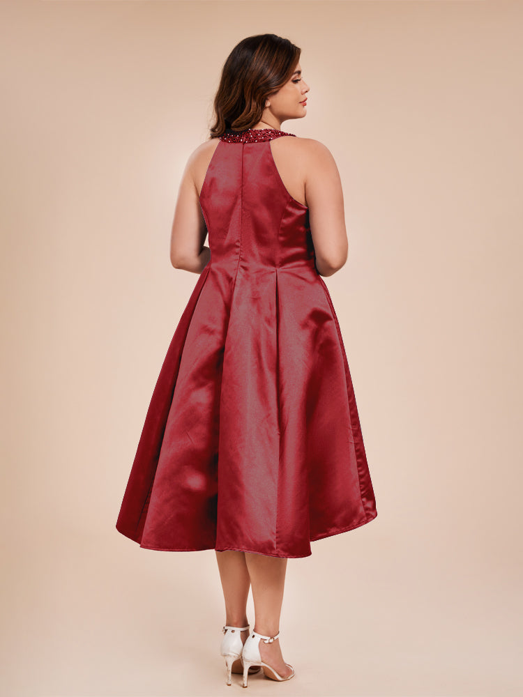 Halter Beaded Neck A Line High Low Satin Mother of the Groom Dress