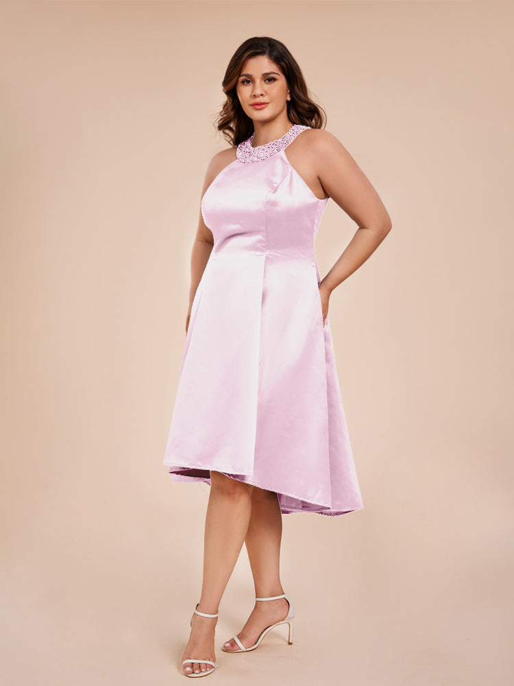 Halter Beaded Neck A Line High Low Satin Mother of the Groom Dress