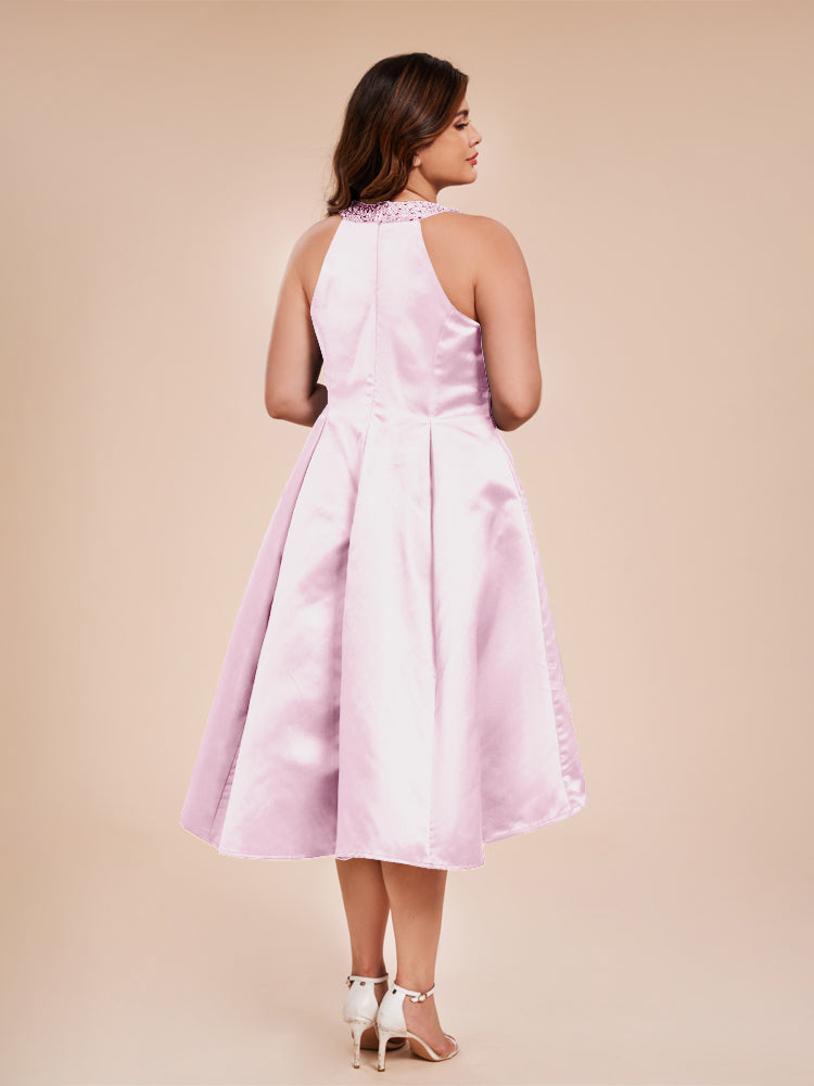 Halter Beaded Neck A Line High Low Satin Mother of the Groom Dress