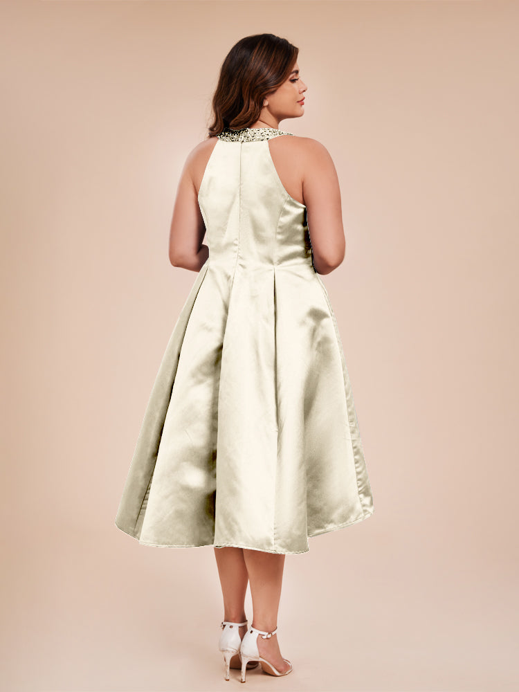 Halter Beaded Neck A Line High Low Satin Mother of the Groom Dress