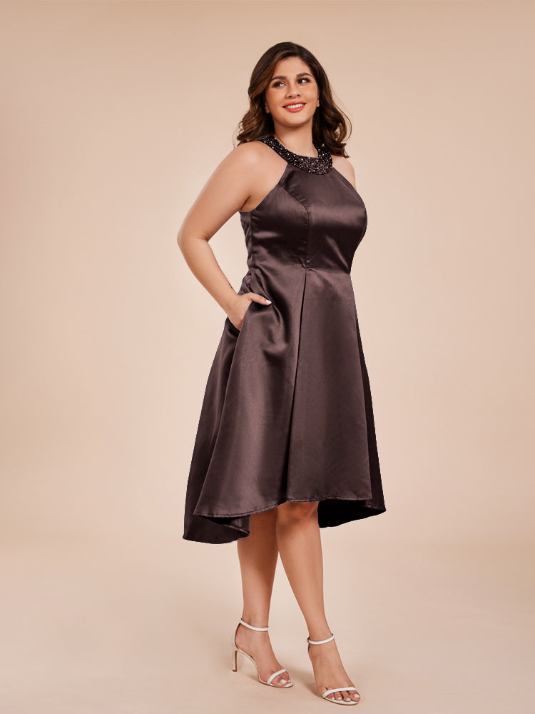 Halter Beaded Neck A Line High Low Satin Mother of the Groom Dress