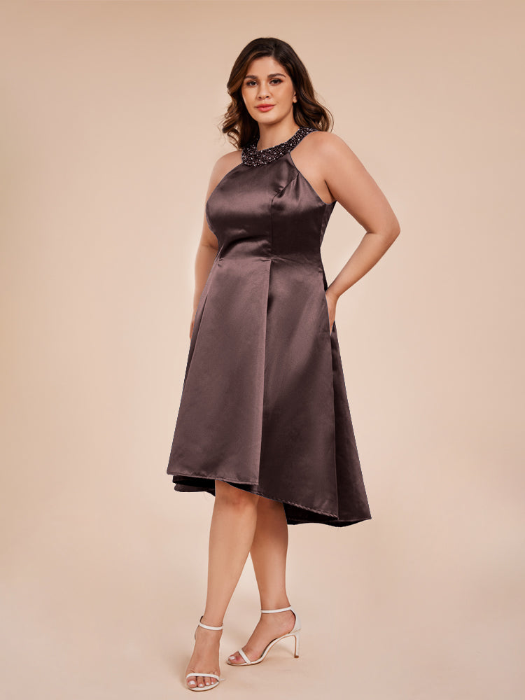 Halter Beaded Neck A Line High Low Satin Mother of the Groom Dress