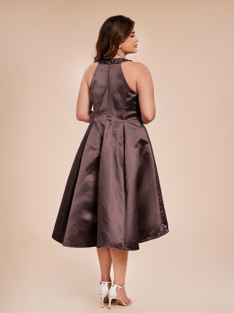 Halter Beaded Neck A Line High Low Satin Mother of the Groom Dress