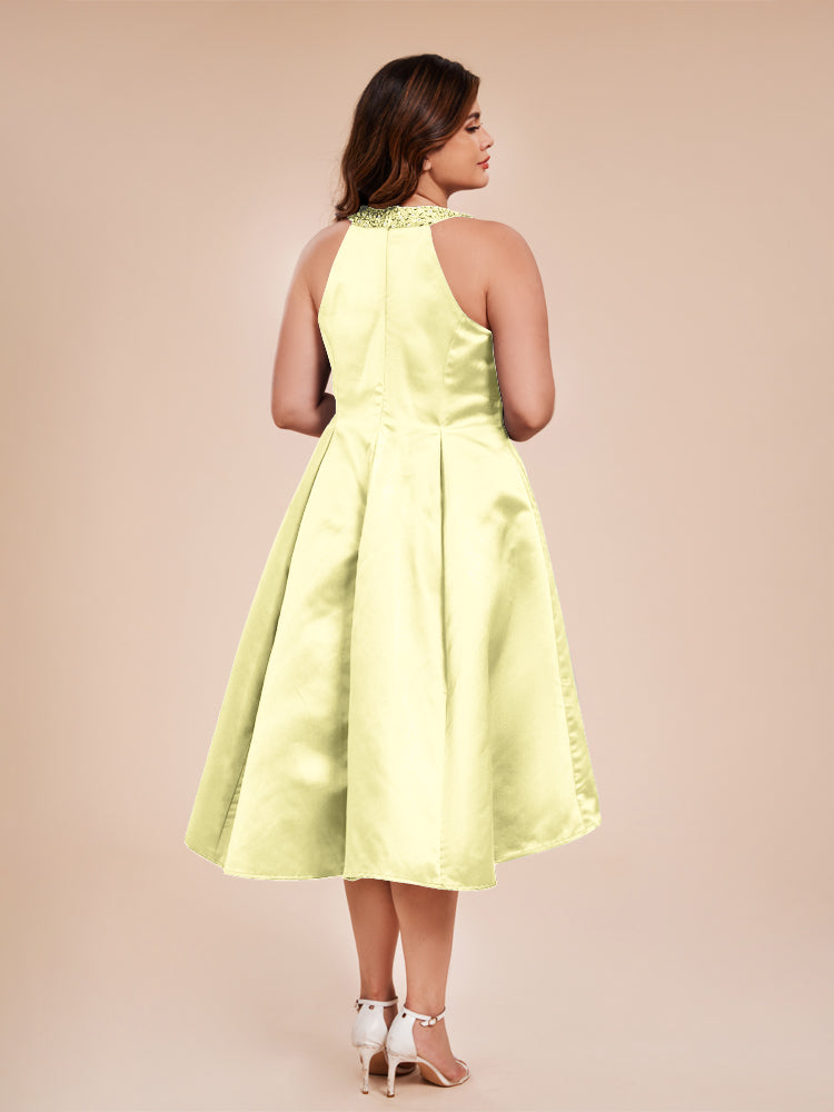 Halter Beaded Neck A Line High Low Satin Mother of the Groom Dress