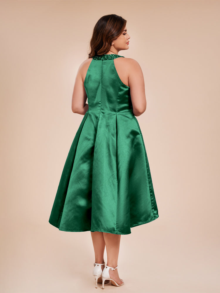 Halter Beaded Neck A Line High Low Satin Mother of the Groom Dress