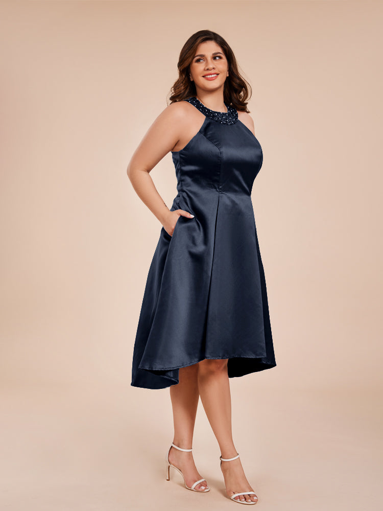 Halter Beaded Neck A Line High Low Satin Mother of the Groom Dress