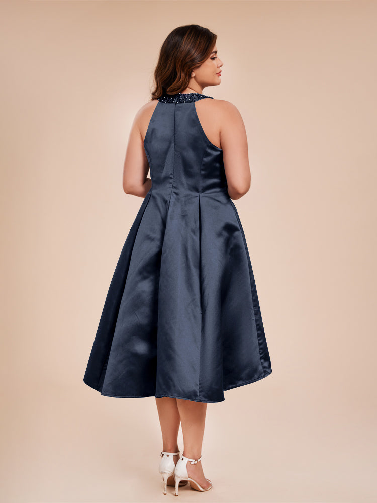 Halter Beaded Neck A Line High Low Satin Mother of the Groom Dress