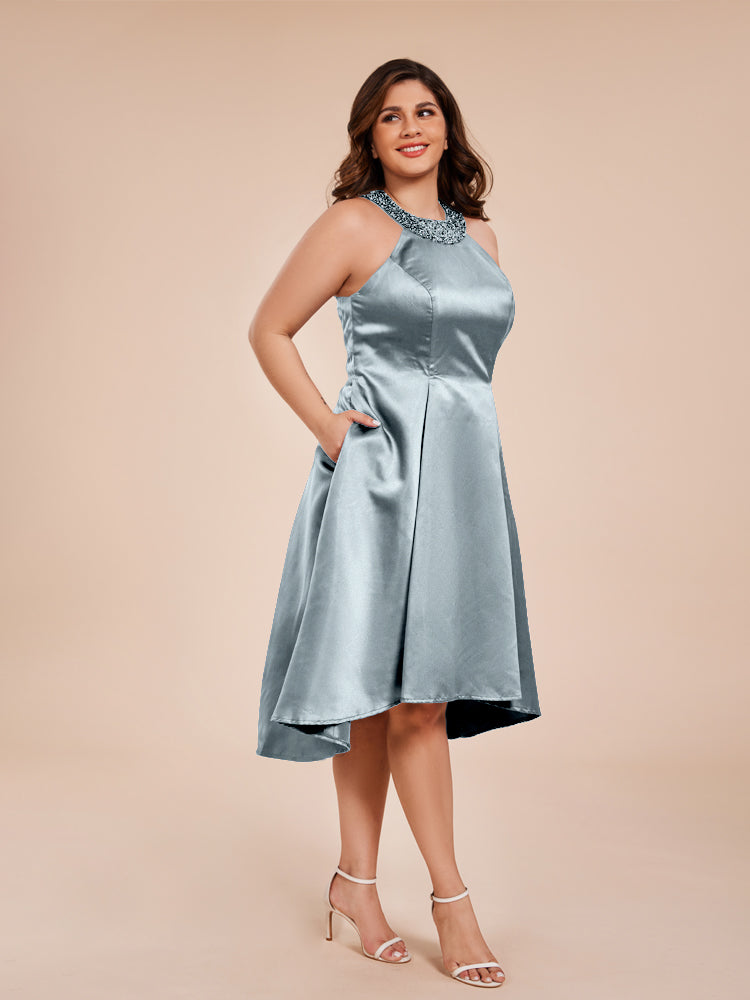 Halter Beaded Neck A Line High Low Satin Mother of the Groom Dress