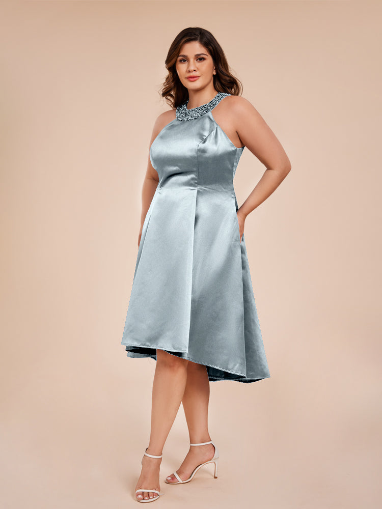 Halter Beaded Neck A Line High Low Satin Mother of the Groom Dress