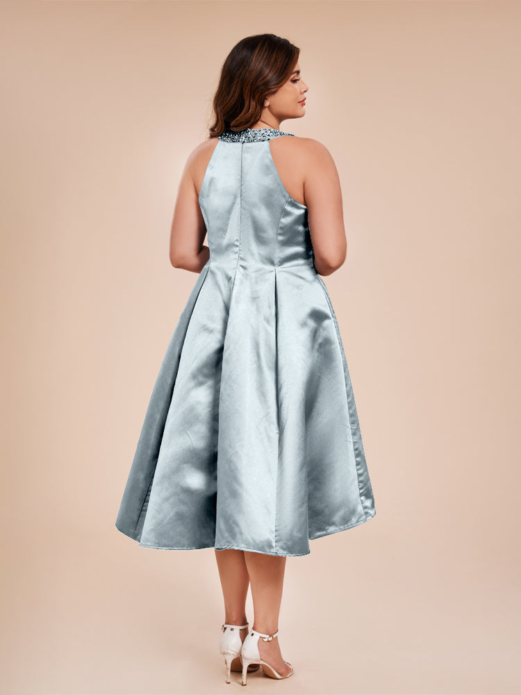 Halter Beaded Neck A Line High Low Satin Mother of the Groom Dress