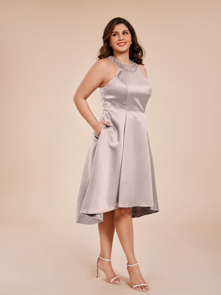 Halter Beaded Neck A Line High Low Satin Mother of the Groom Dress