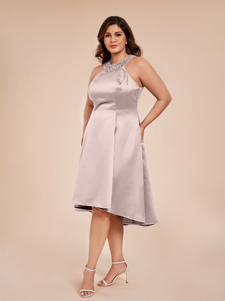 Halter Beaded Neck A Line High Low Satin Mother of the Groom Dress