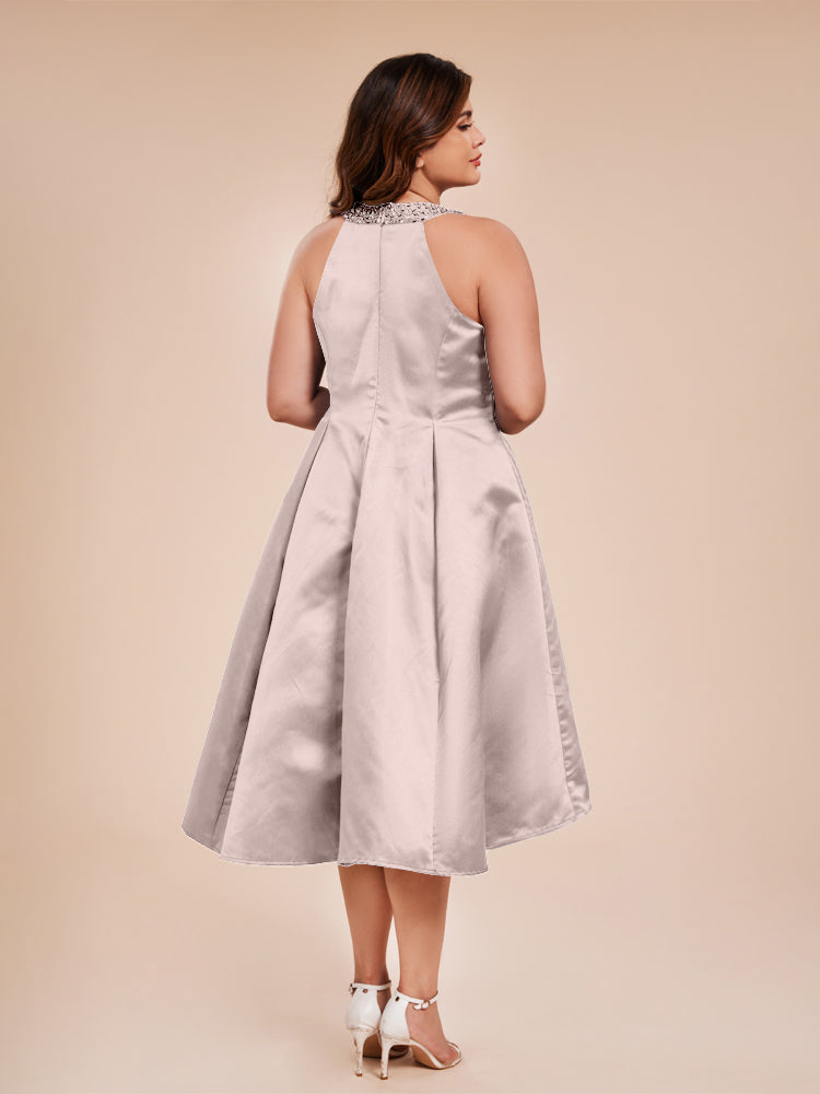 Halter Beaded Neck A Line High Low Satin Mother of the Groom Dress