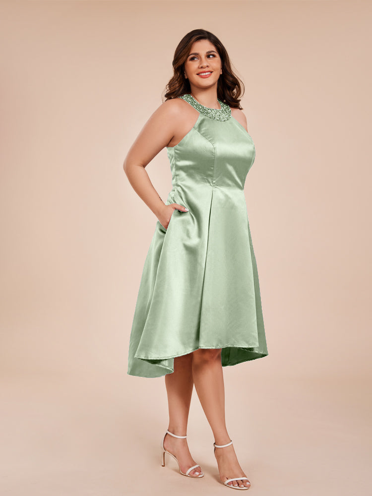 Halter Beaded Neck A Line High Low Satin Mother of the Groom Dress