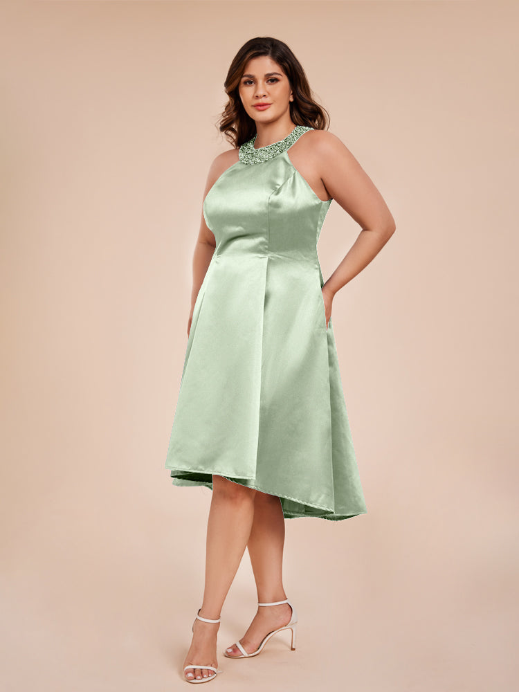 Halter Beaded Neck A Line High Low Satin Mother of the Groom Dress