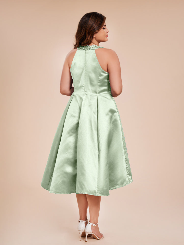 Halter Beaded Neck A Line High Low Satin Mother of the Groom Dress