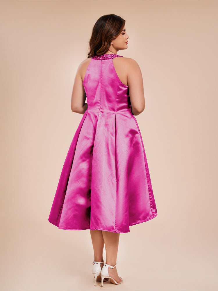 Halter Beaded Neck A Line High Low Satin Mother of the Groom Dress