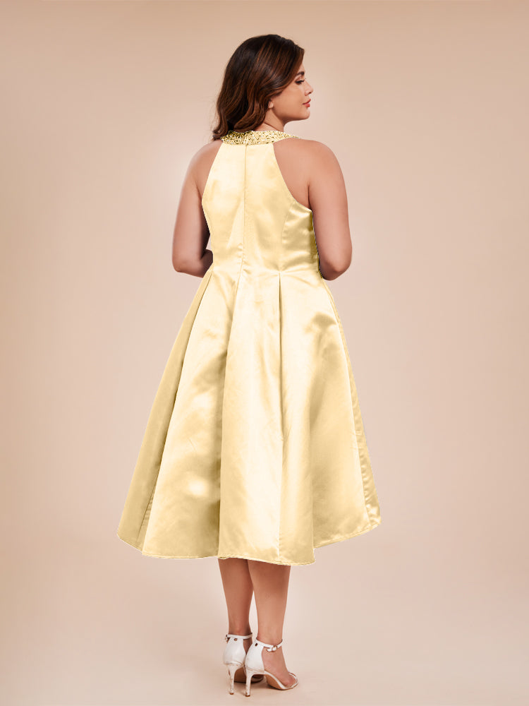 Halter Beaded Neck A Line High Low Satin Mother of the Groom Dress