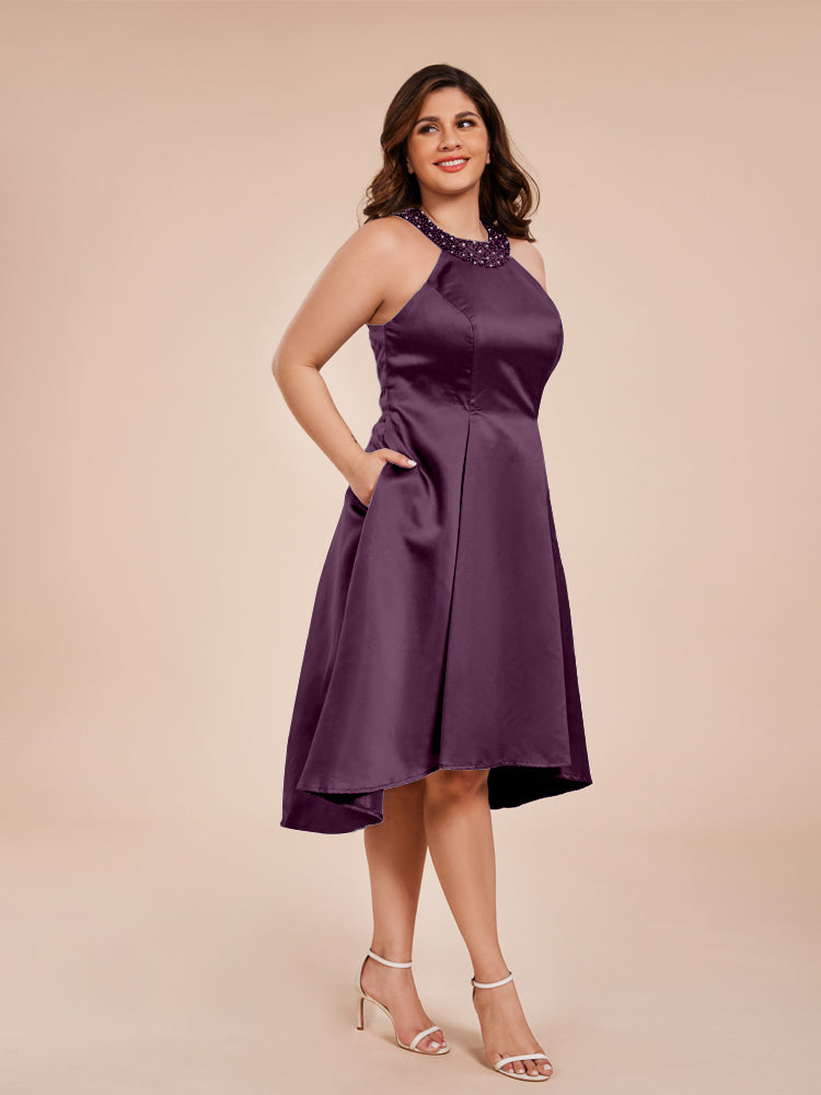 Halter Beaded Neck A Line High Low Satin Mother of the Groom Dress