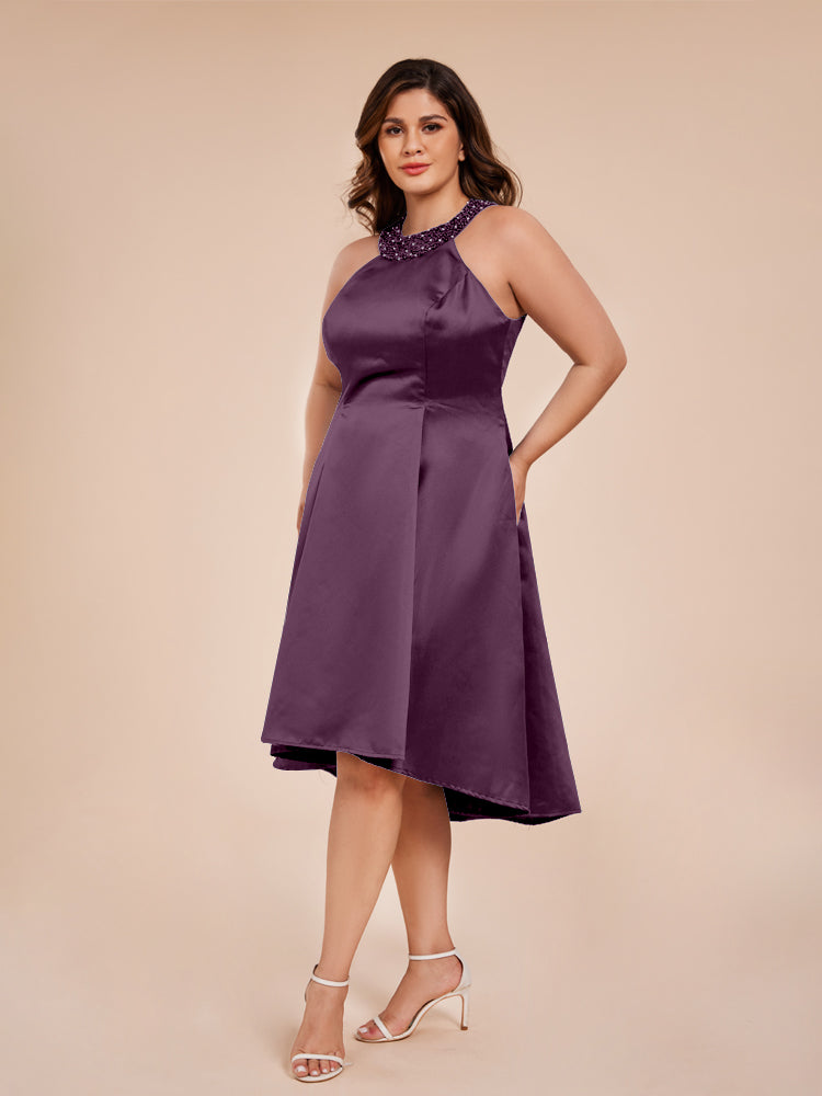 Halter Beaded Neck A Line High Low Satin Mother of the Groom Dress