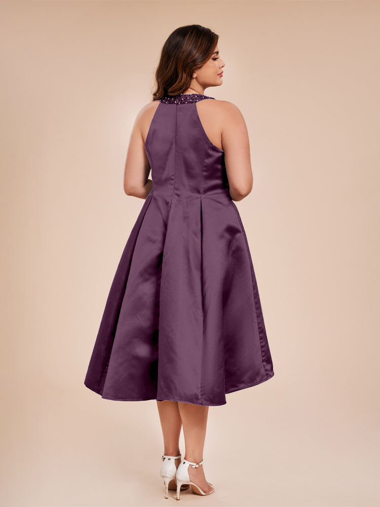 Halter Beaded Neck A Line High Low Satin Mother of the Groom Dress