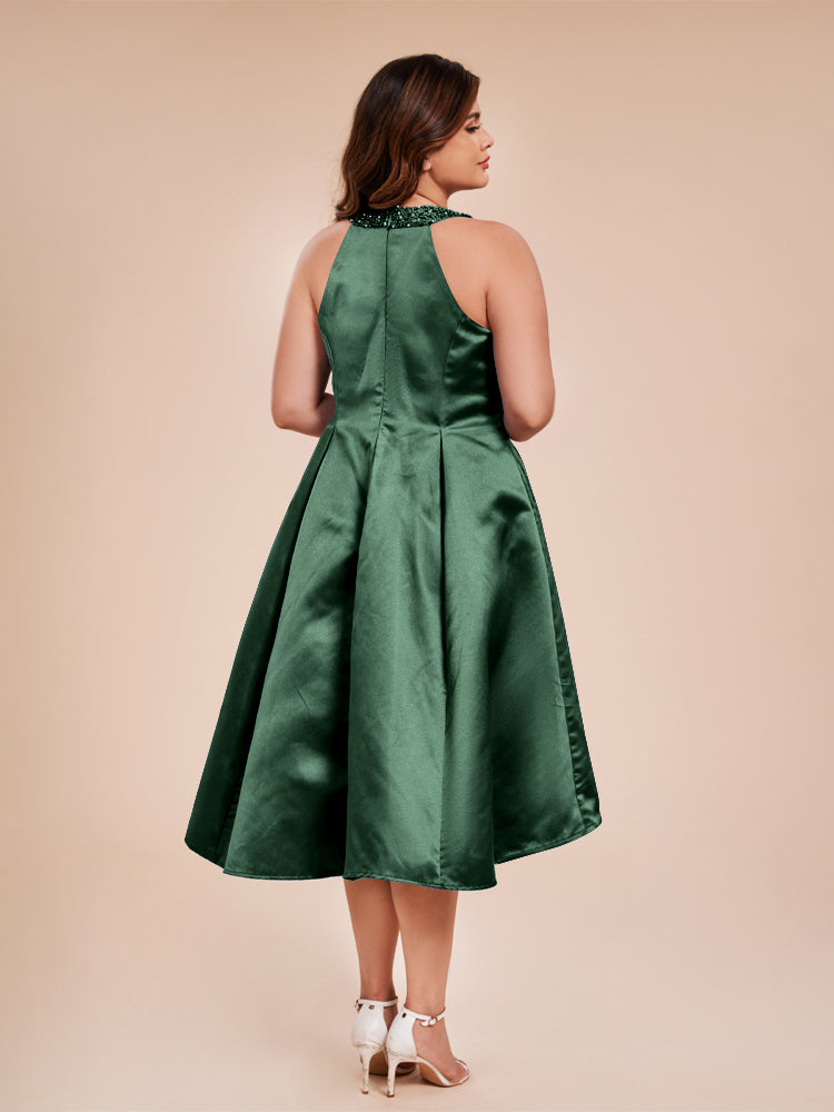 Halter Beaded Neck A Line High Low Satin Mother of the Groom Dress