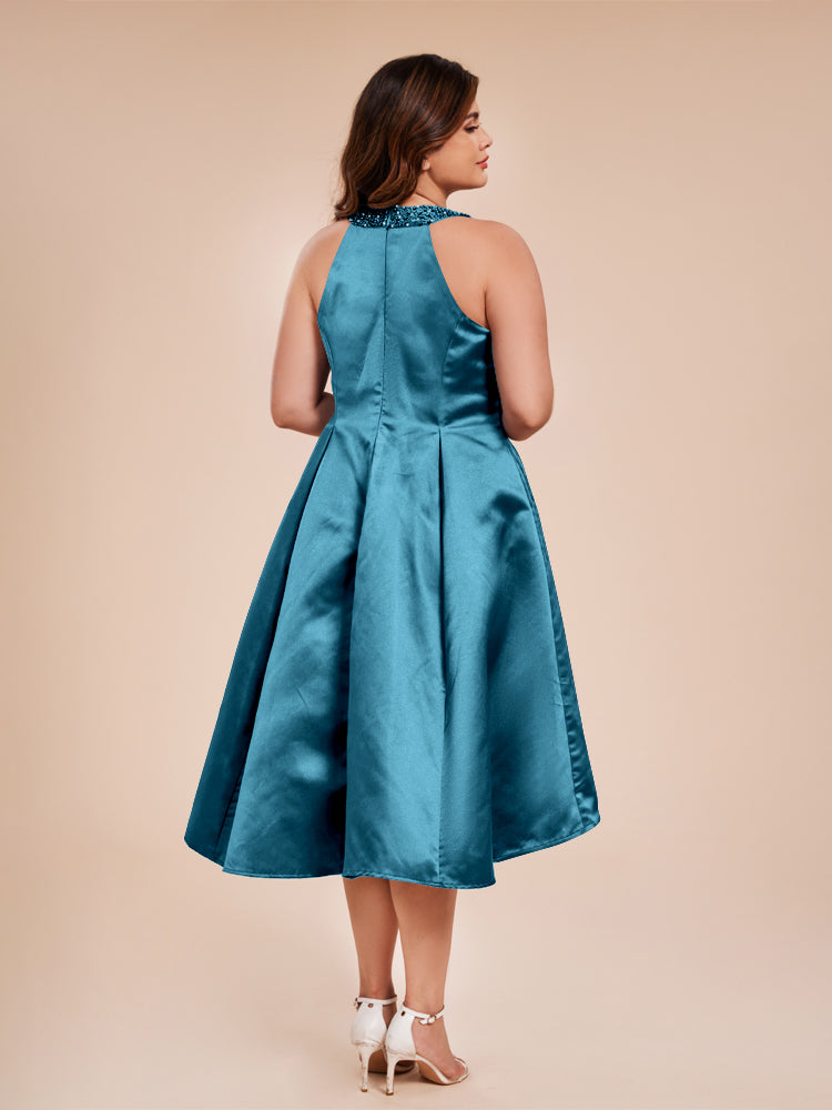 Halter Beaded Neck A Line High Low Satin Mother of the Groom Dress