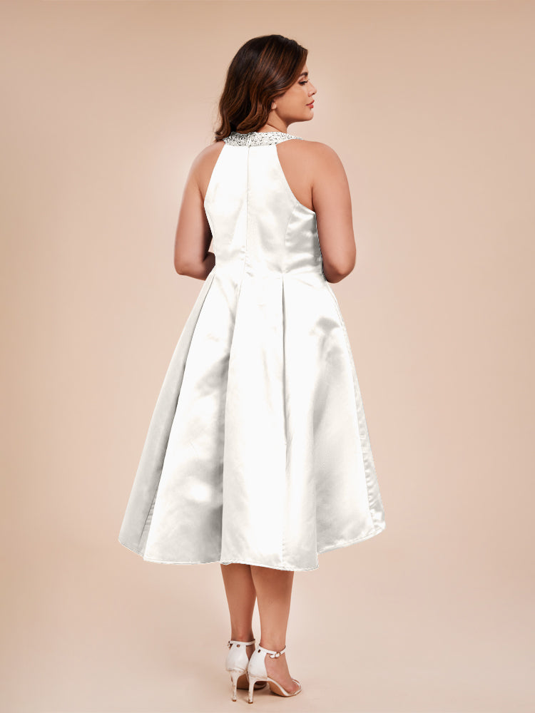 Halter Beaded Neck A Line High Low Satin Mother of the Groom Dress