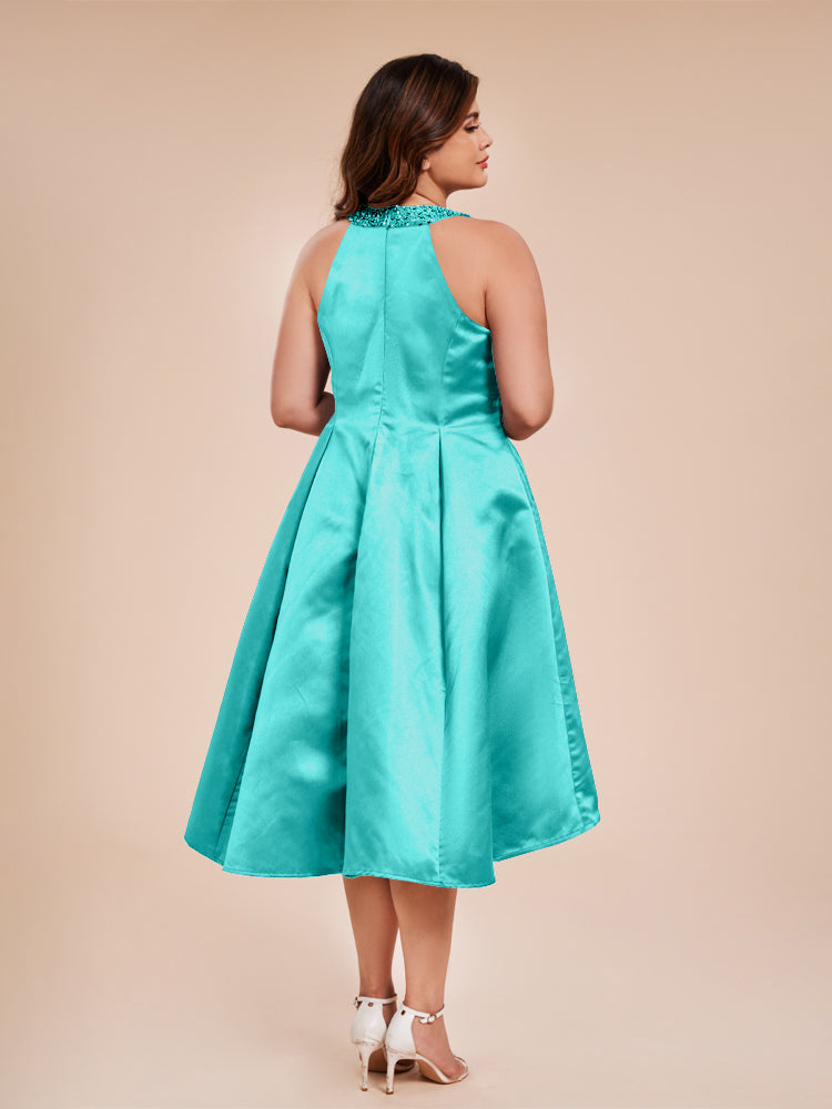 Halter Beaded Neck A Line High Low Satin Mother of the Groom Dress